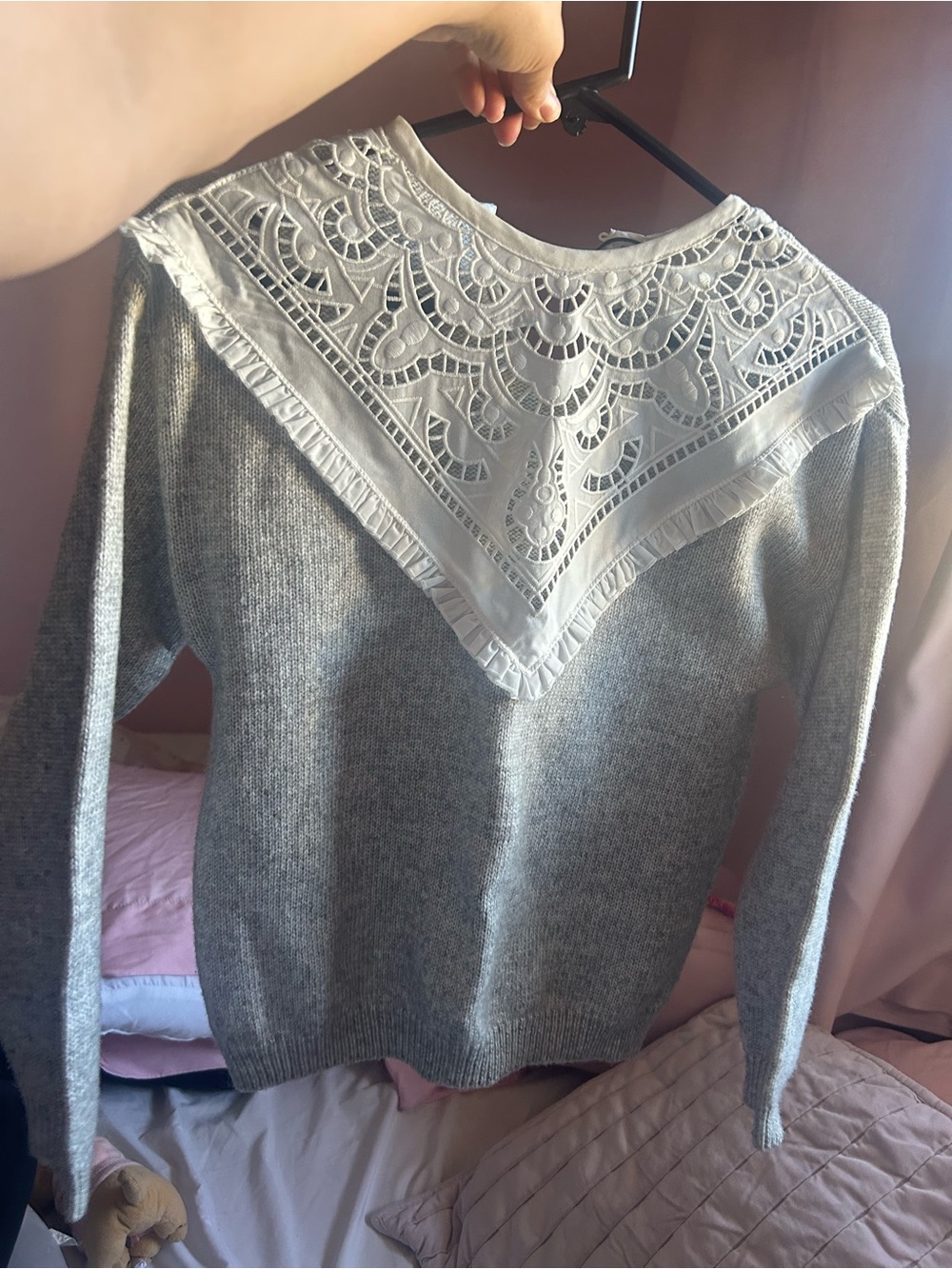Zara Gray Knit Sweater with White Lace Yoke